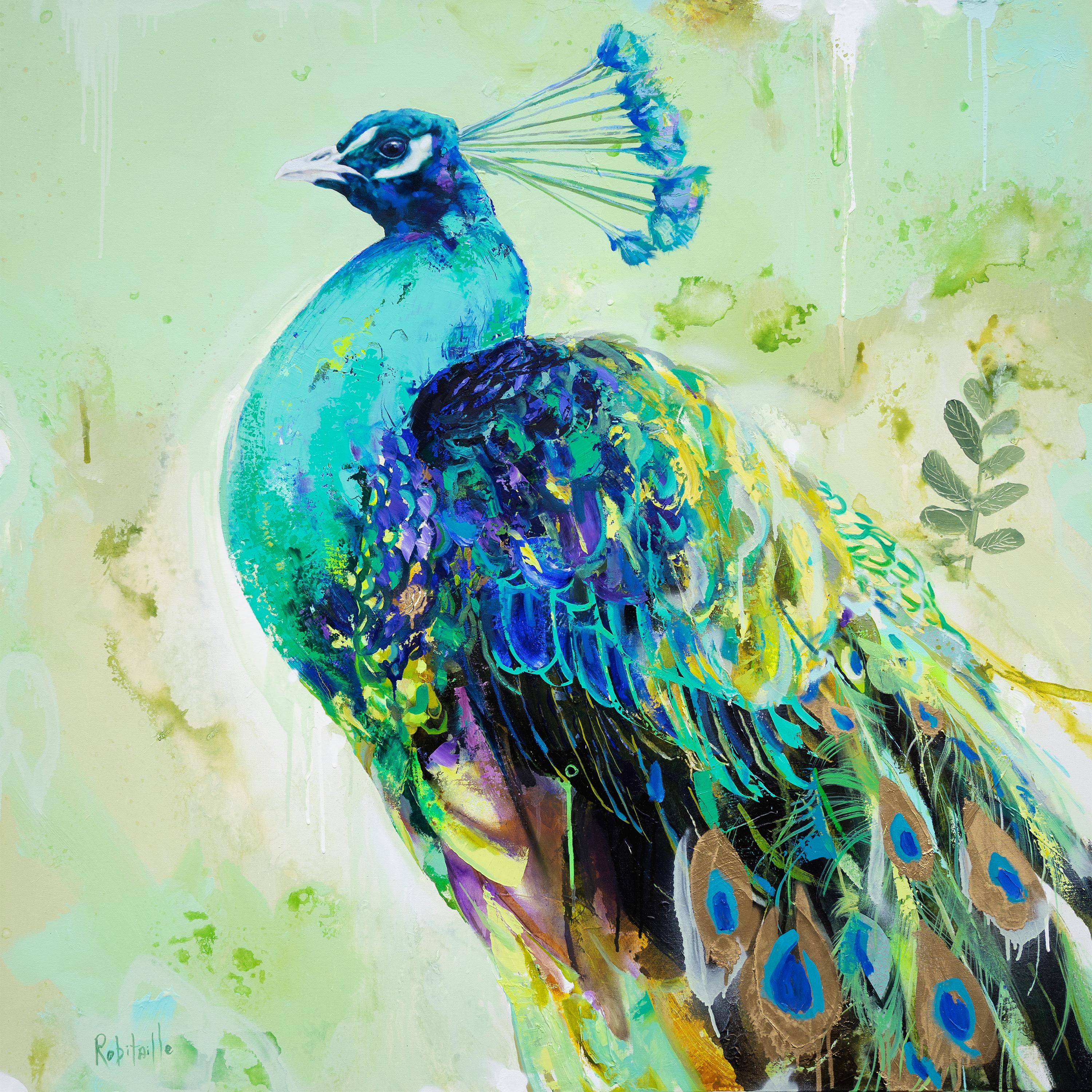 Abstract Painting de Eric Robitaille - Jardín colgante II, Pintura al óleo Pavo real vibrante, realismo abstracto y textura