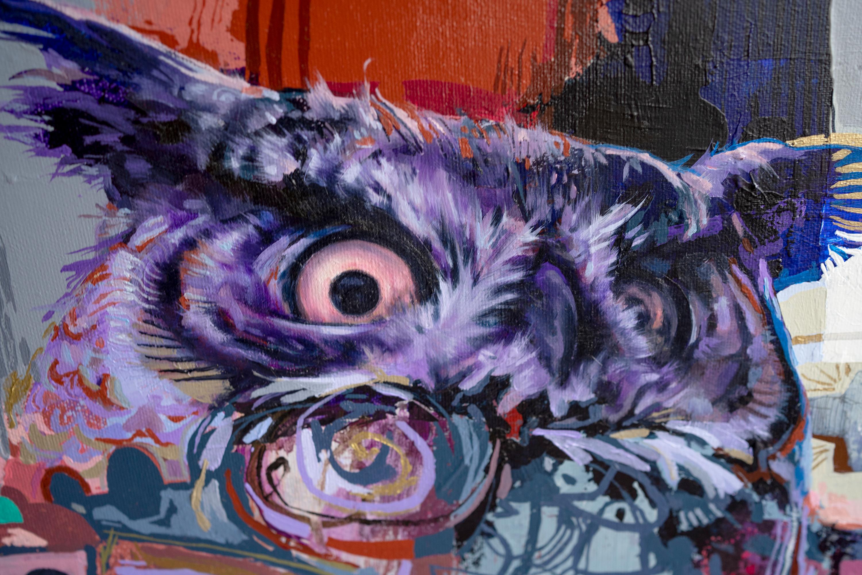 Haut Firmament, pittura a olio di gufo vibrante e surreale, realismo astratto e texture - Painting di Eric Robitaille