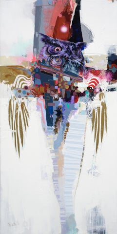 Haut Firmament, Pintura al óleo Búho surrealista vibrante, realismo abstracto y textura