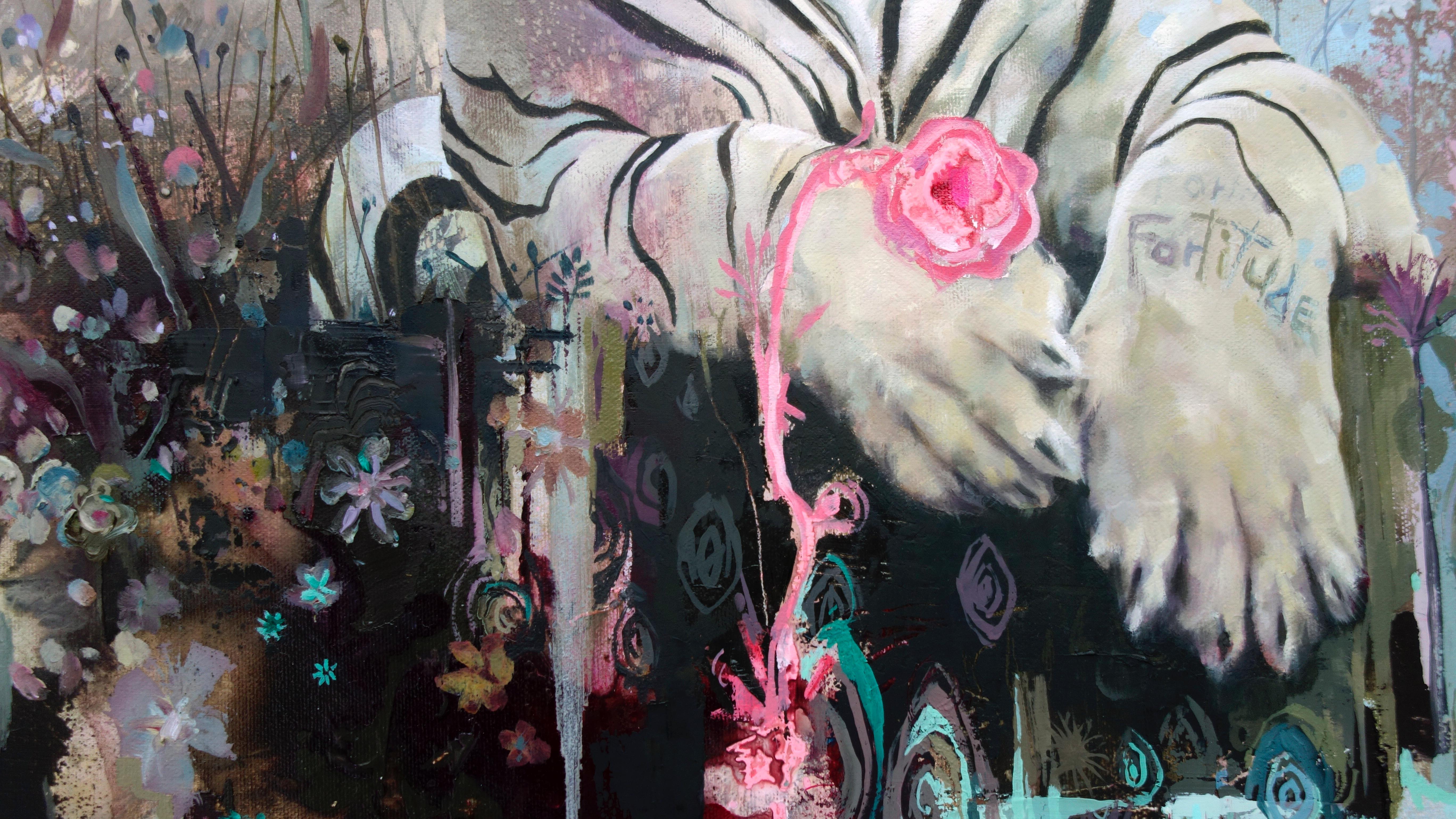 Mount Fortitude, Abstract Realism, Tiger with bright palette and design texture - Gray Abstract Painting by Eric Robitaille