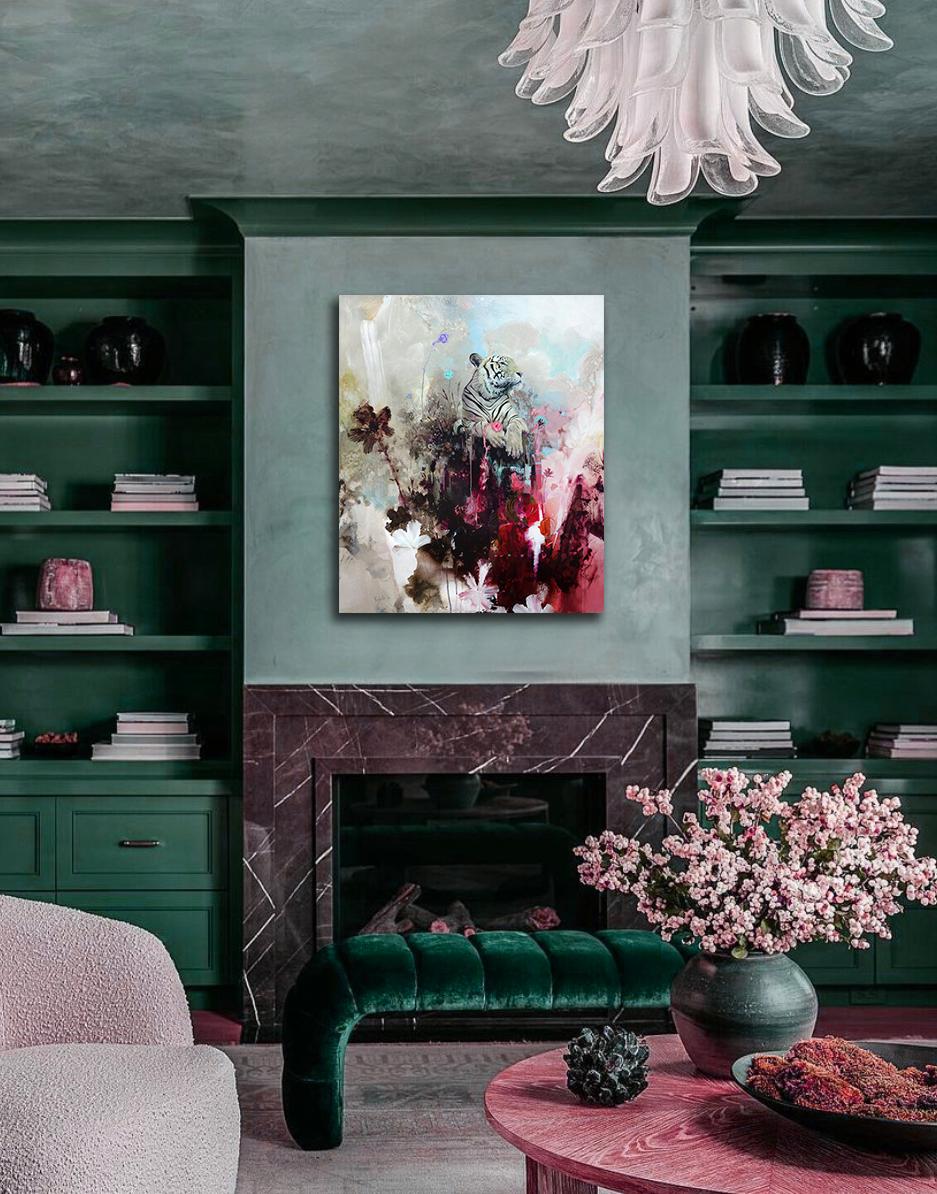 Mount Fortitude, Realismo astratto, Tigre con tavolozza luminosa e texture di design - Painting di Eric Robitaille