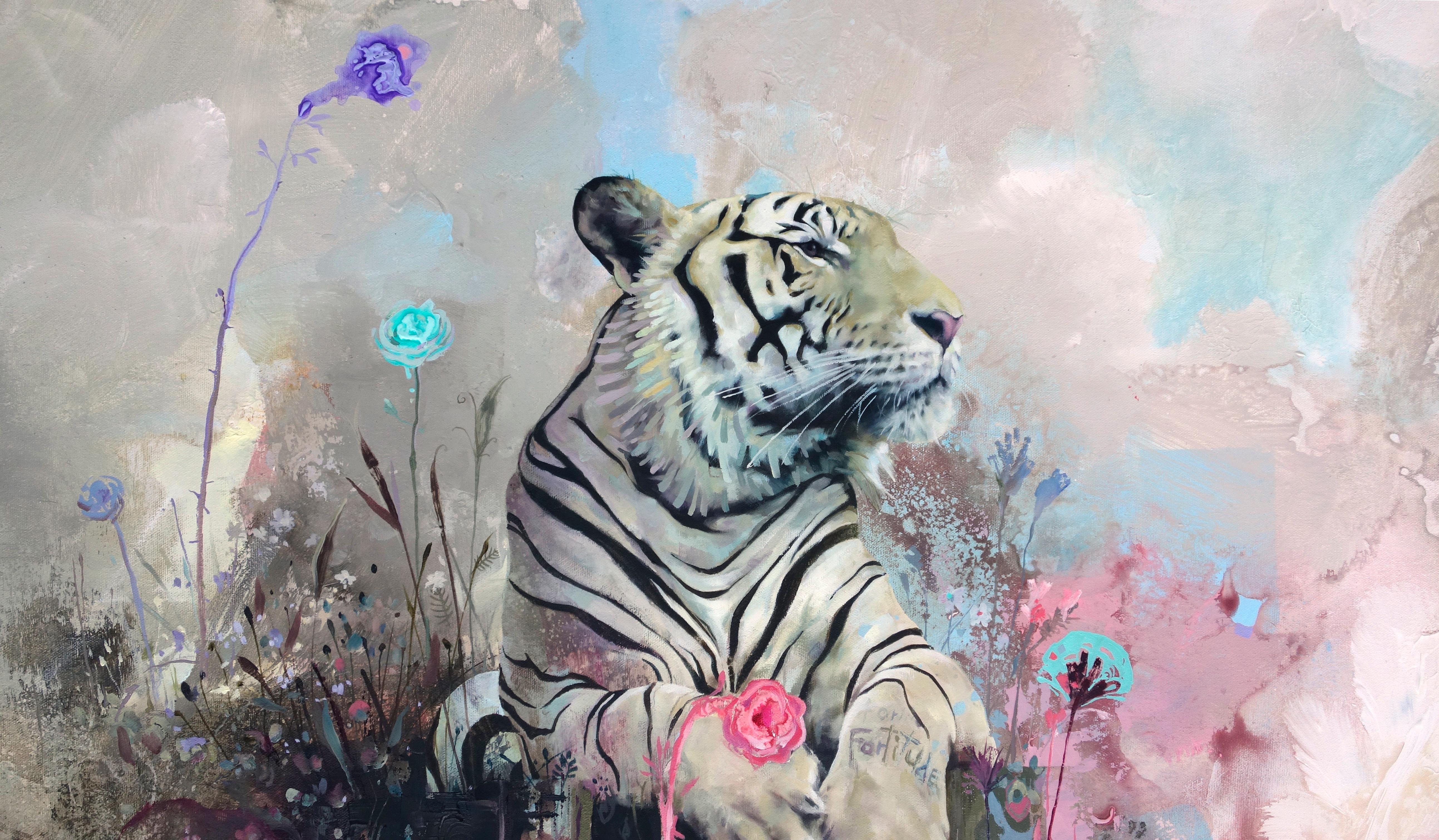 Mount Fortitude, Realismo astratto, Tigre con tavolozza luminosa e texture di design - Painting Contemporaneo di Eric Robitaille