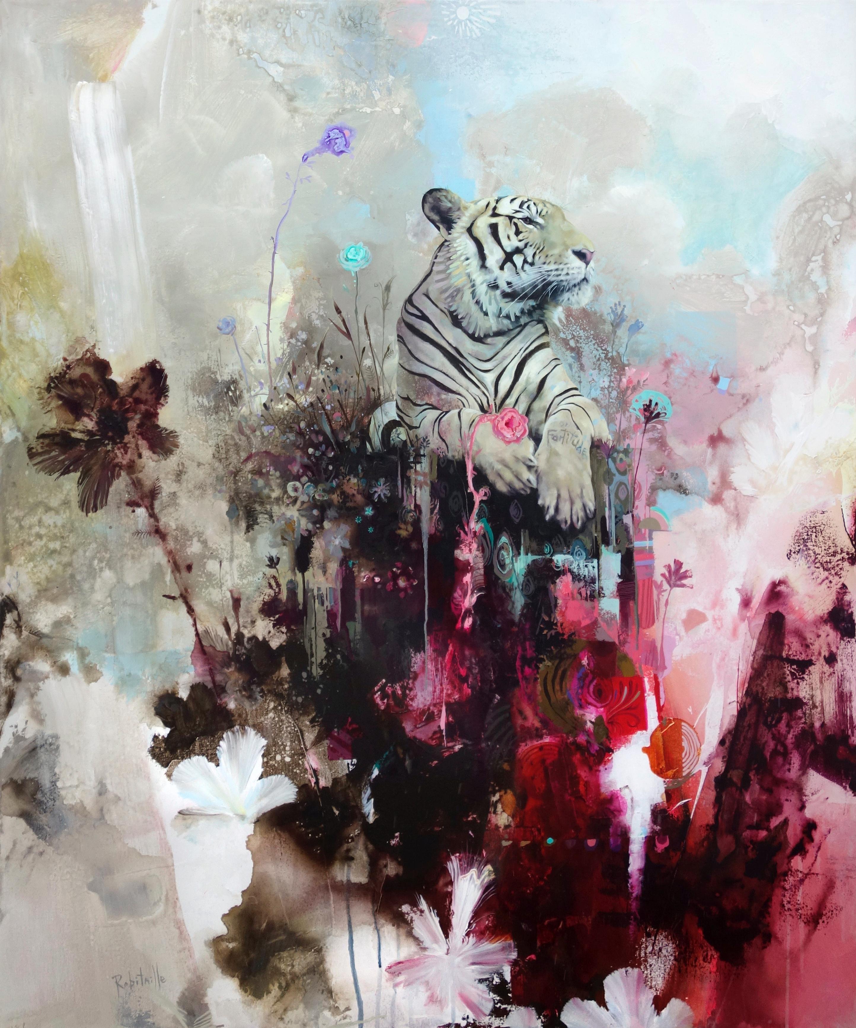 Mount Fortitude, Abstrakter Realismus, Tiger mit leuchtender Farbpalette und Designtextur