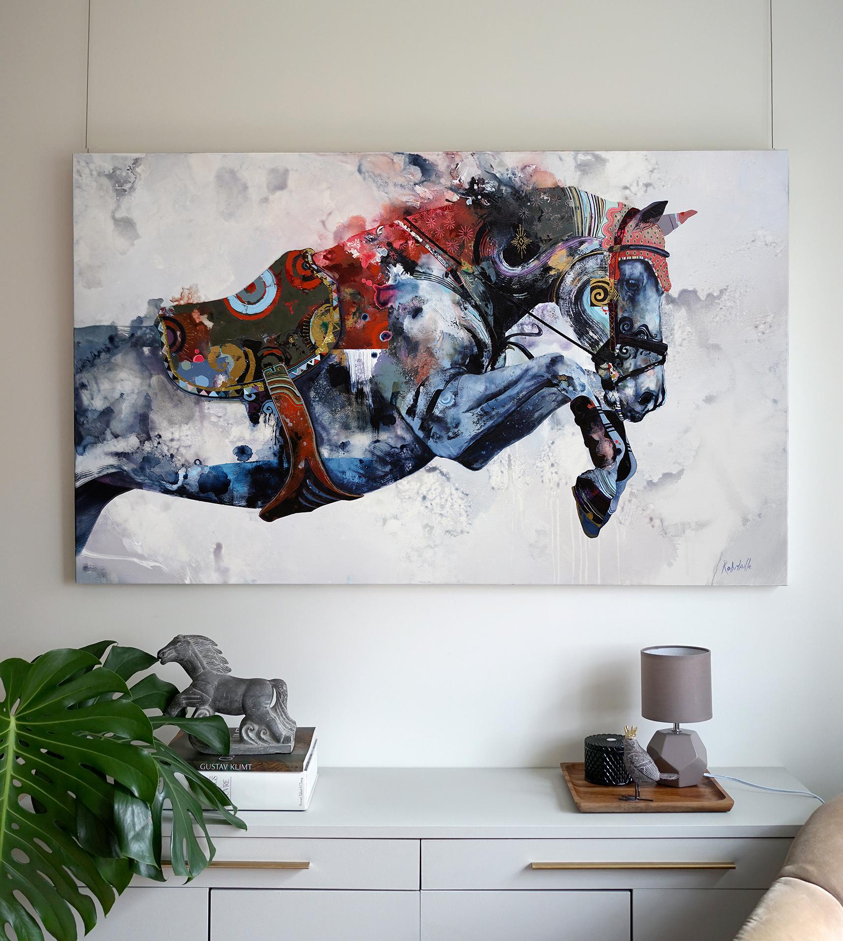 No Return, Colorful Horse oil painting, abstract realism and layered texture - Painting by Eric Robitaille