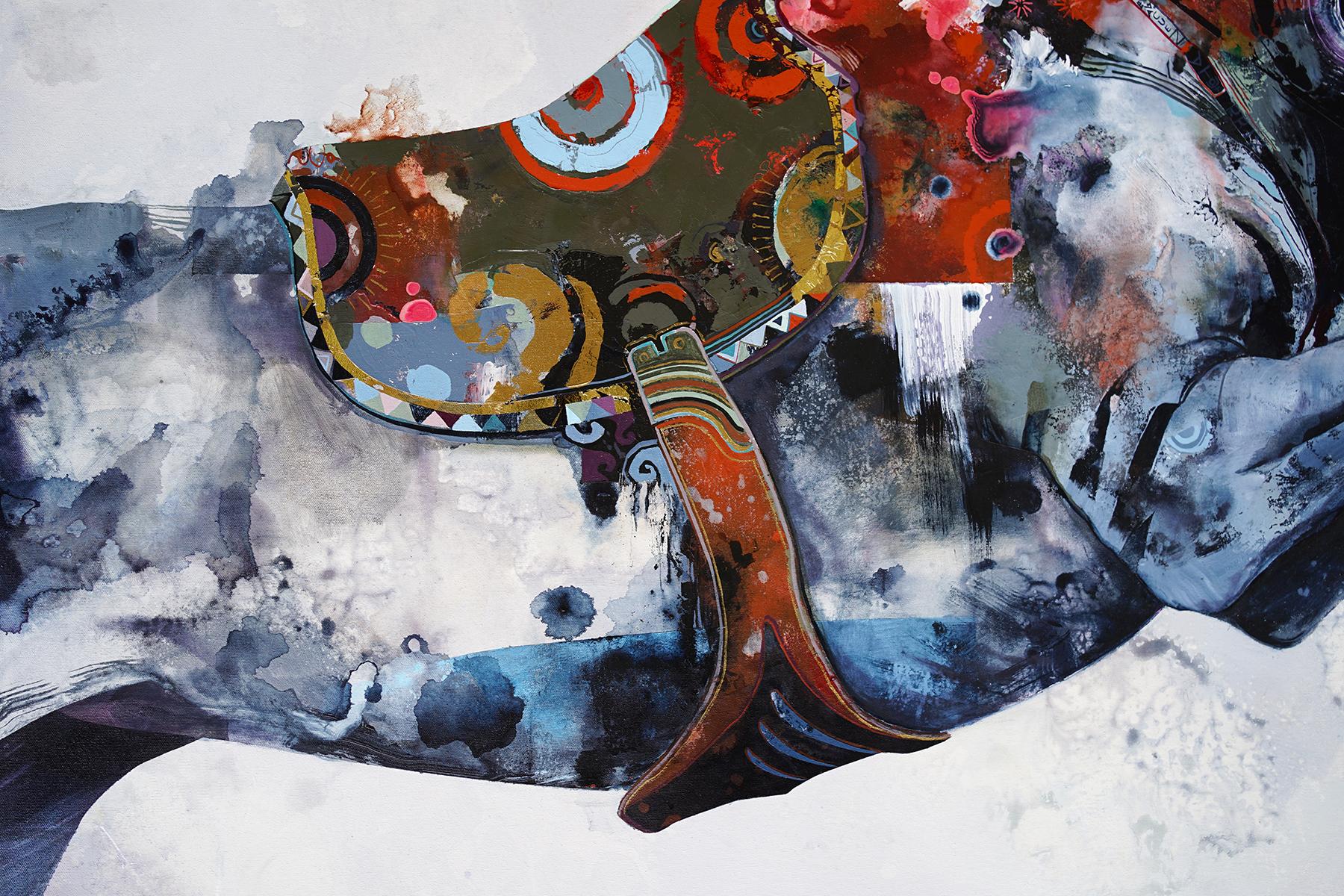 Sin retorno, pintura al óleo Caballo de colores, realismo abstracto y textura, gris azulado - Animal Painting Gris de Eric Robitaille