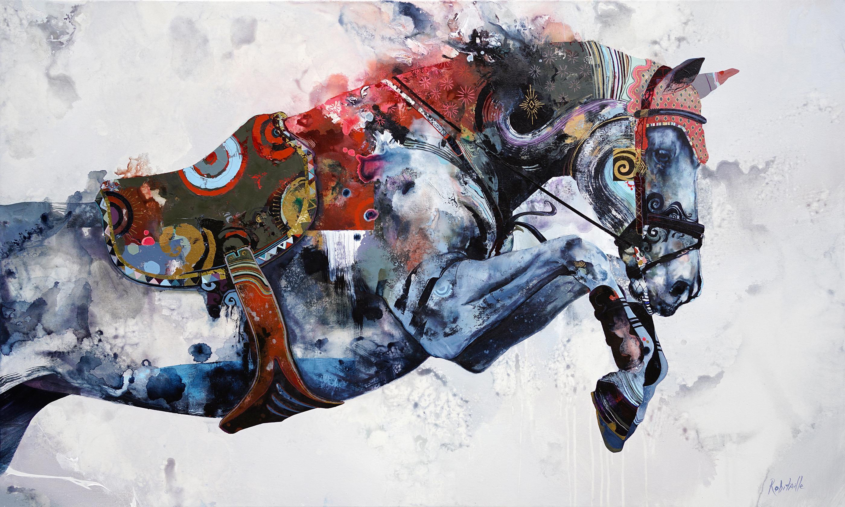 Eric Robitaille Animal Painting - No Return, Colorful Horse oil painting, abstract realism and layered texture
