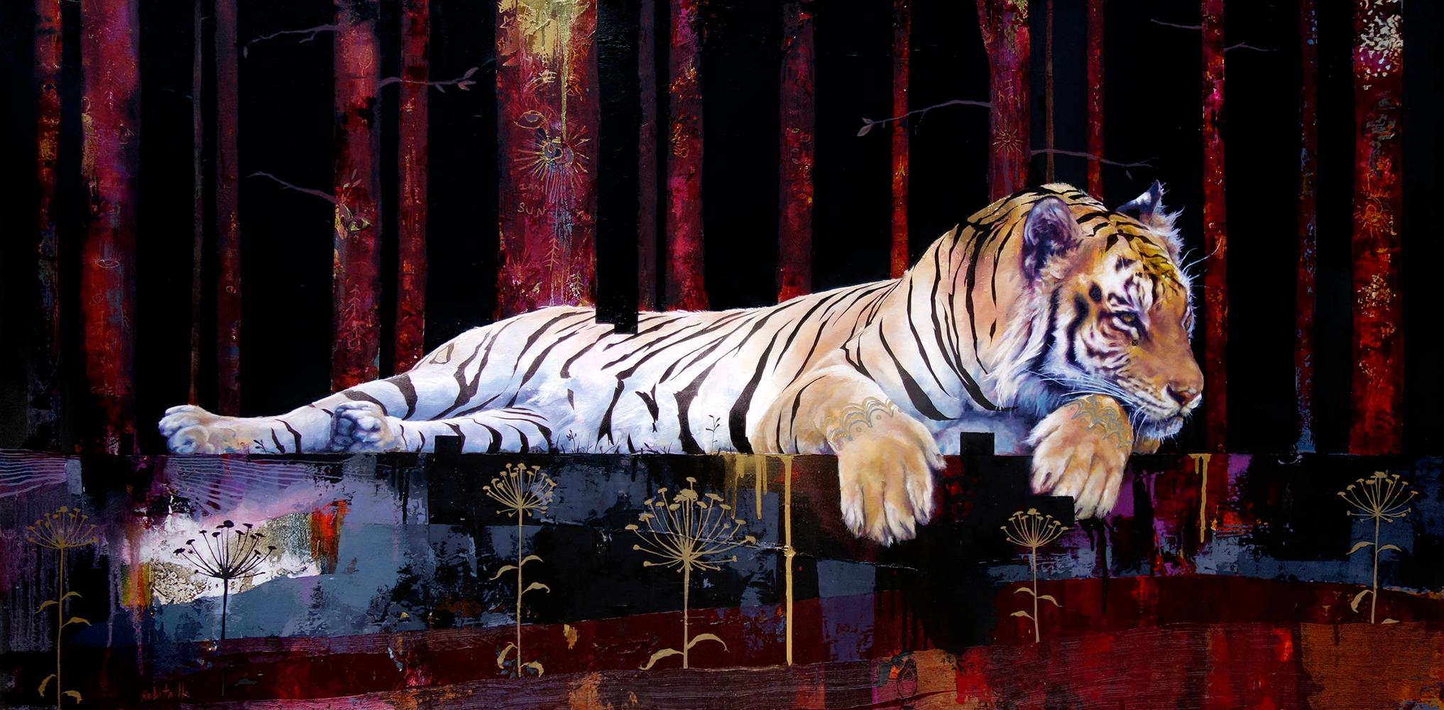 Eric Robitaille Abstract Painting - Nocturnal Synchronisation, Tiger oil painting, abstract realism, layered texture