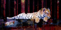 Nocturnal Synchronisation, Tiger oil painting, abstract realism, layered texture