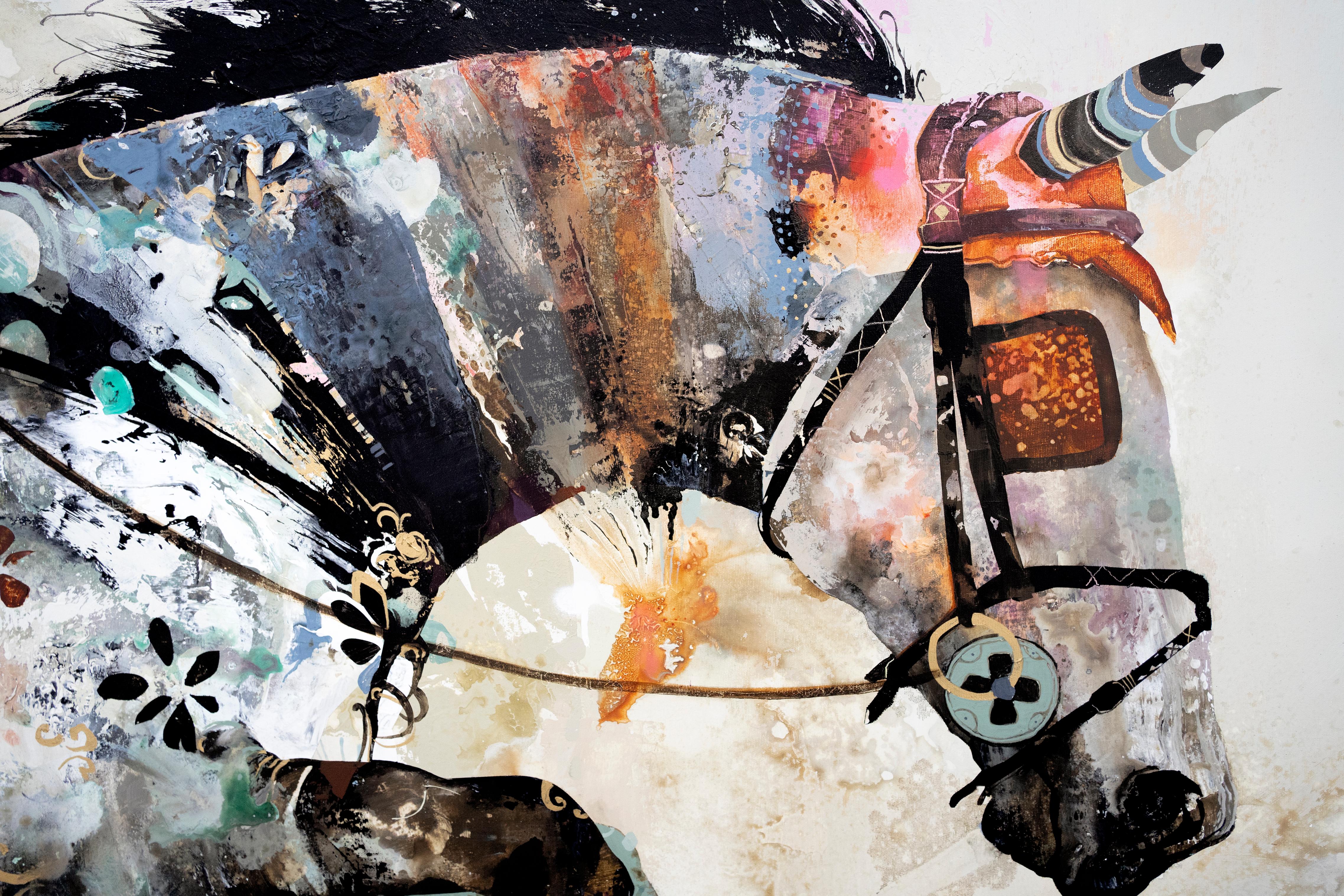 Passage Abstrait, pittura ad olio di cavalli dai colori caldi, realismo astratto e texture - Painting Contemporaneo di Eric Robitaille