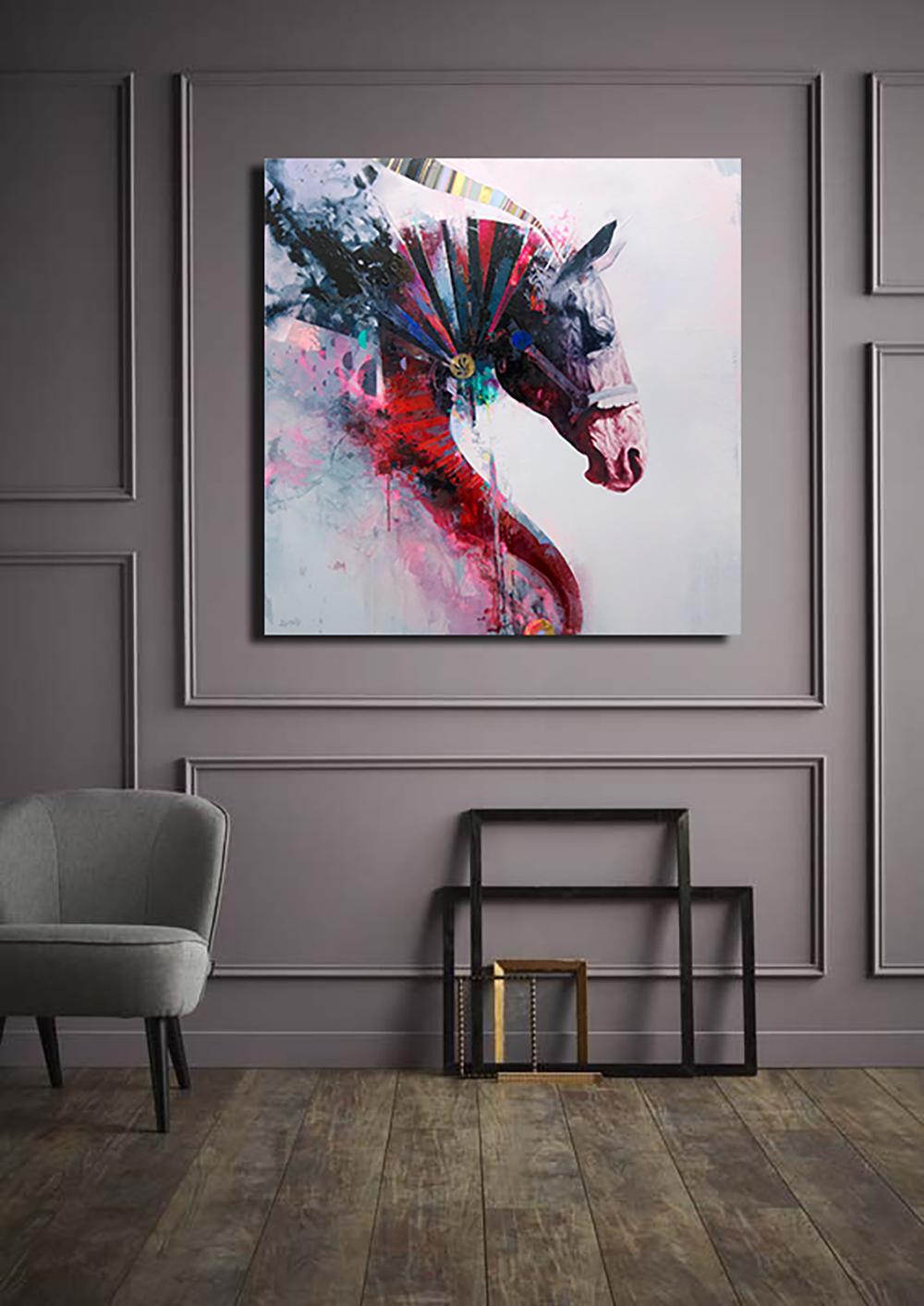 Quintessenz, Abstrakter Realismus Pferdemalerei, rosa Palette, Design Textur im Angebot 1