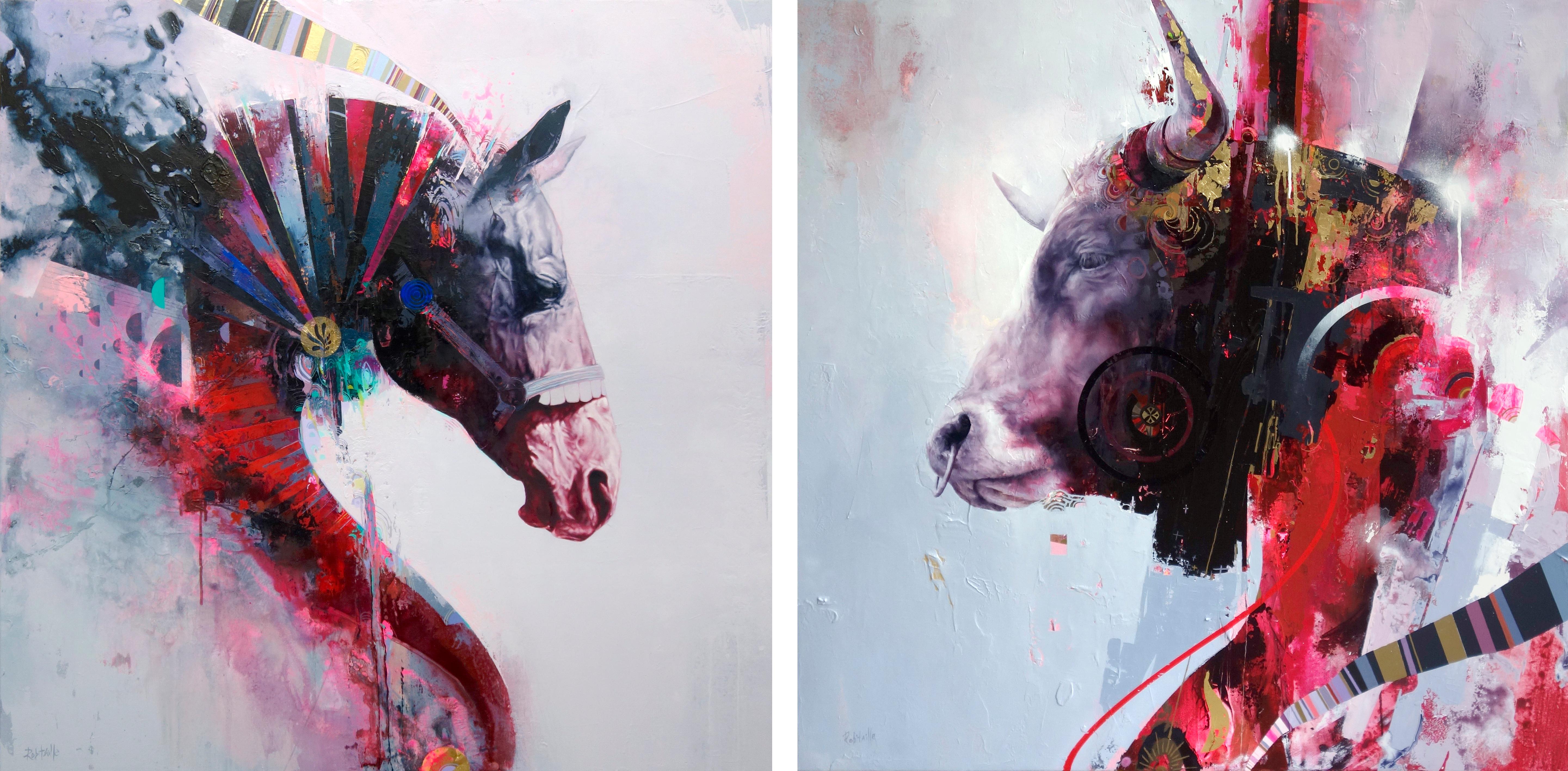 Quintessenz, Abstrakter Realismus Pferdemalerei, rosa Palette, Design Textur im Angebot 2