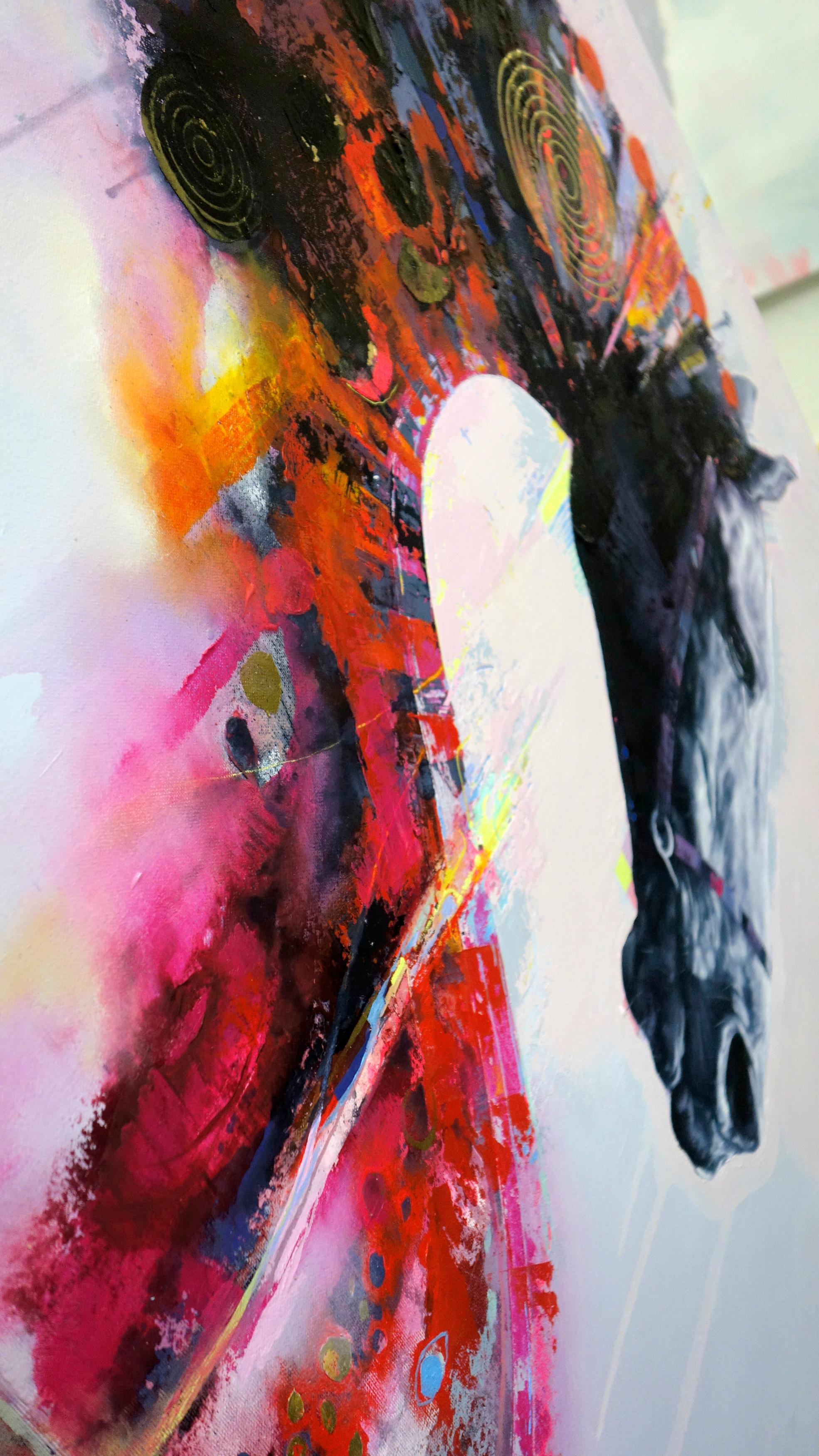 Quintessence II, Contemporary abstract Horse with bold colors, layered texture - Painting by Eric Robitaille