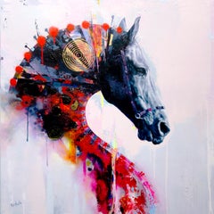 Quintessence II, Contemporary abstract Horse with bold colors, layered texture