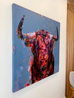 "Todo rojo" Pintura al óleo abstracta realista de toro rojo, naturaleza