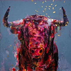 "Red Everything" Abstract realist oil painting of red bull, nature