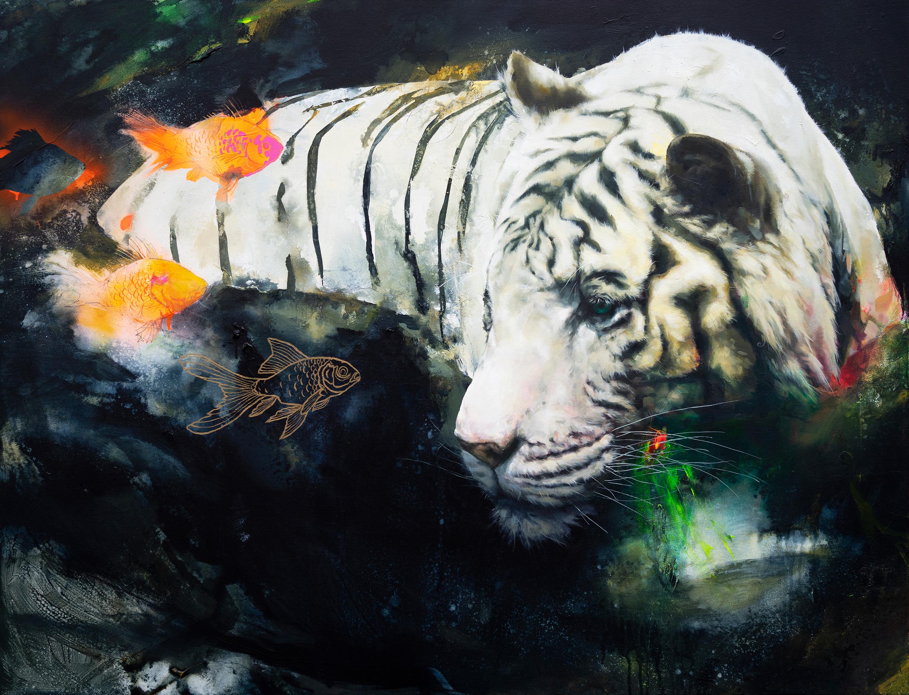 The Magic Pond – Surreal Realist White Tiger with Koi Fish, Dreamlike Landscape