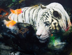 The Magic Pond – Surreal Realist White Tiger with Koi Fish, Dreamlike Landscape