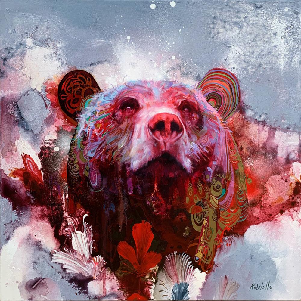 Eric Robitaille Abstract Painting - The Sound of Everything, colorful abstract realism, oil painting with wild bear
