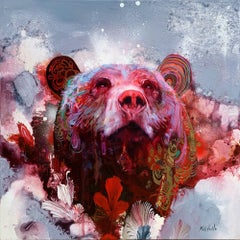 The Sound of Everything, colorful abstract realism, oil painting with wild bear