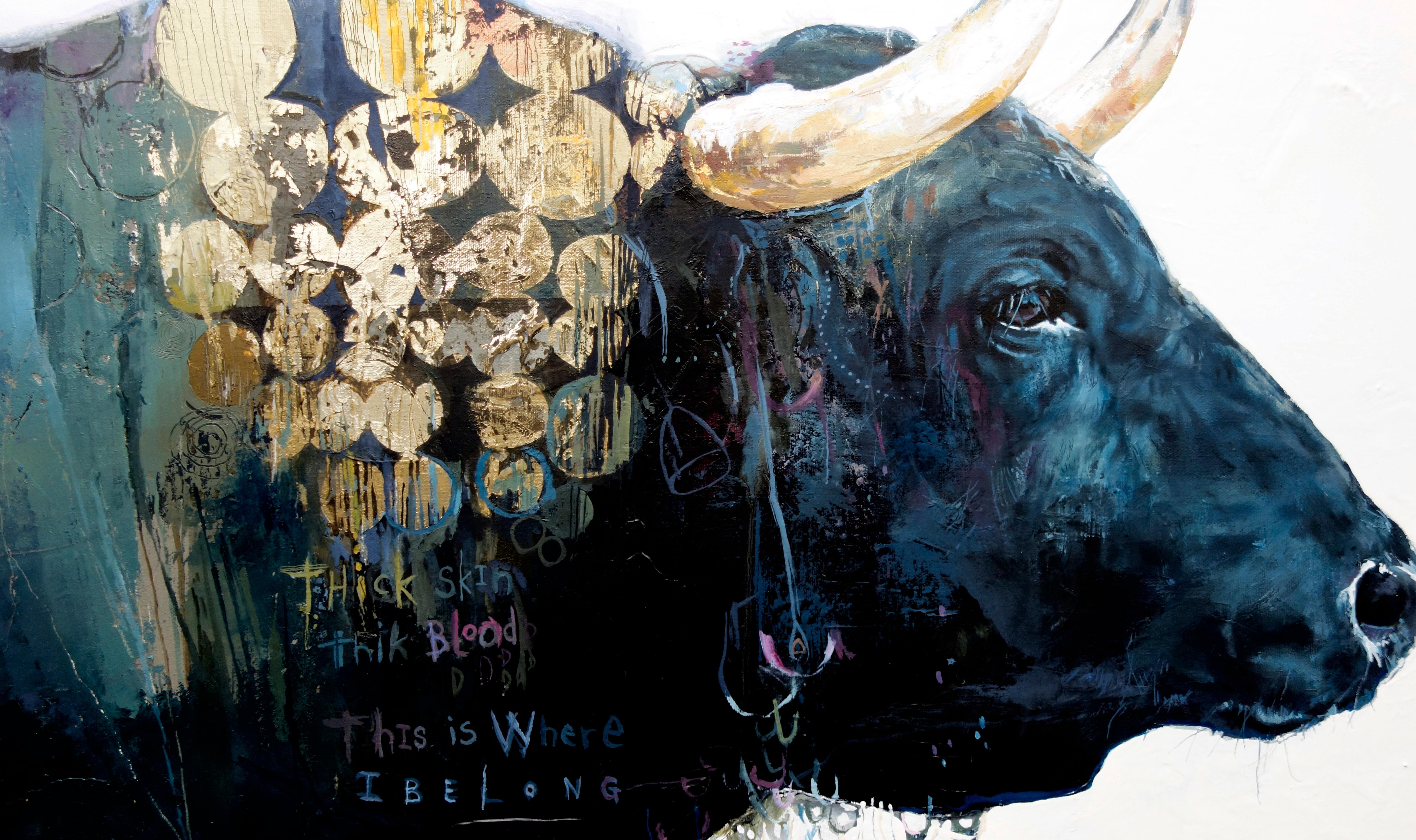 Victory - contemporary abstract oil painting, gold and layered colours with bull - Gray Abstract Painting by Eric Robitaille