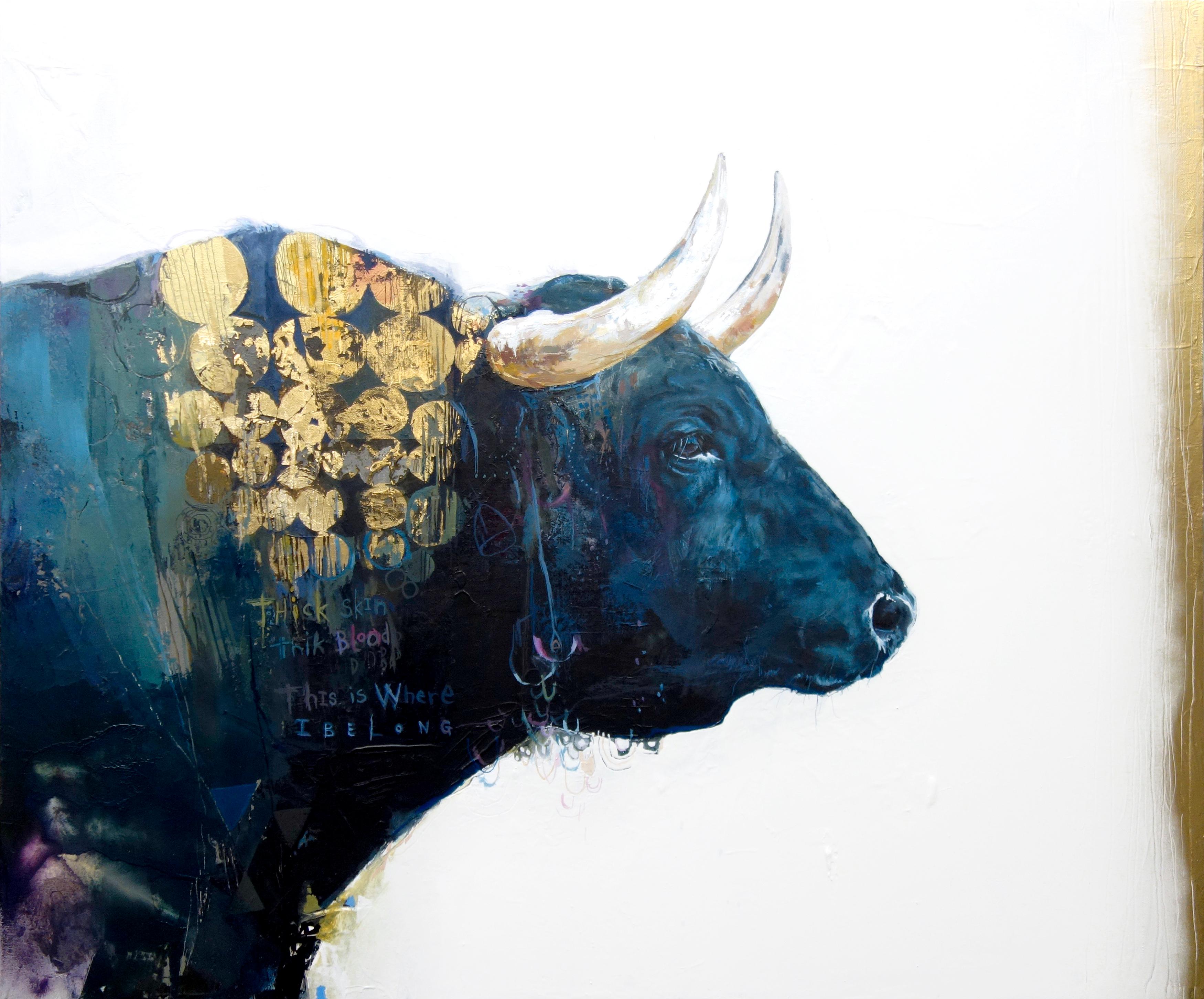 Victory - contemporary abstract oil painting, gold and layered colours with bull