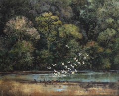 Mélodie sans bagage, birds, river and jungle, oil and mixed media on canvas