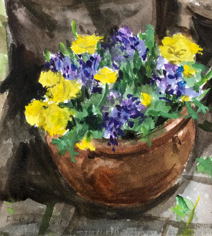 Blooming Flower Pots, Watercolor and Gouache over Pencil on White Paper, Framed - Painting by  Eric Santoli