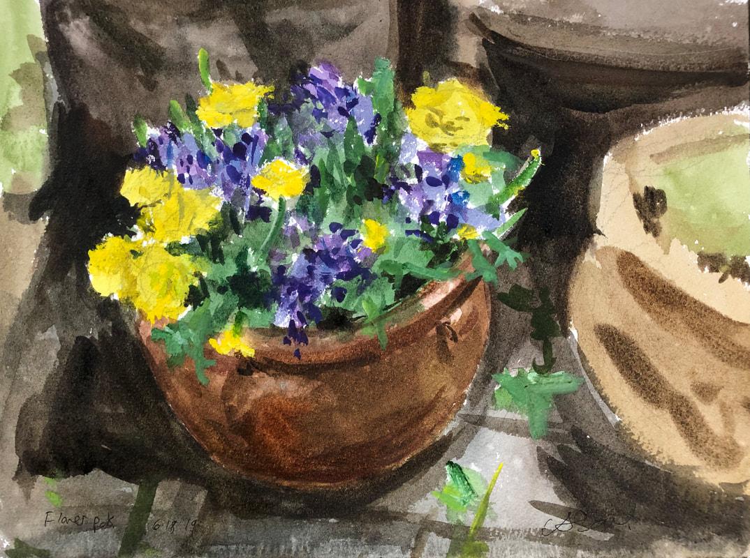 Pots de fleurs en fleurs, aquarelle et gouache sur crayon sur papier blanc, encadré - Impressionnisme américain Painting par  Eric Santoli