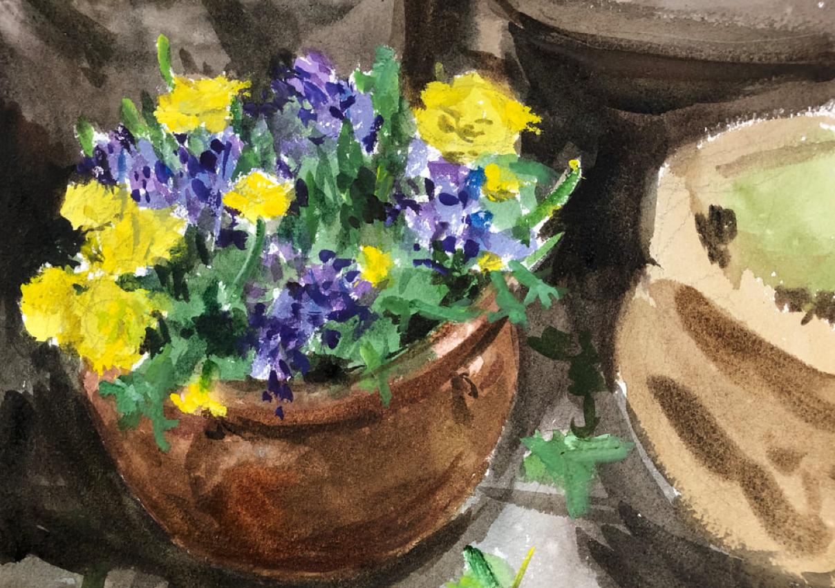 Pots de fleurs en fleurs, aquarelle et gouache sur crayon sur papier blanc, encadré - Noir Still-Life Painting par  Eric Santoli