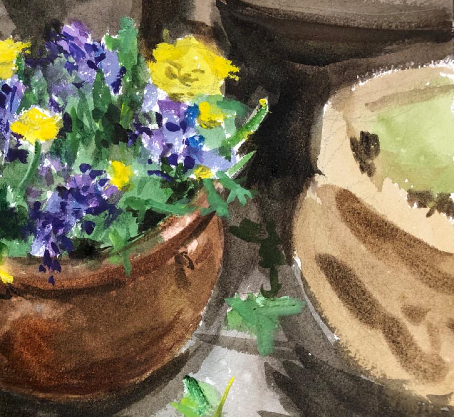  Blooming Flower Pots est une aquarelle et gouache sur crayon sur papier blanc, encadrée et prête à être expédiée. Un artiste a décrit les peintures de Santoli en ces termes : 