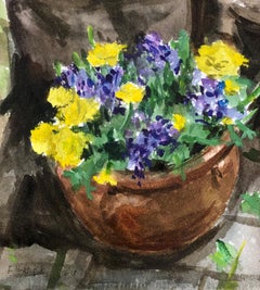Blooming Flower Pots, Watercolor and Gouache over Pencil on White Paper, Framed
