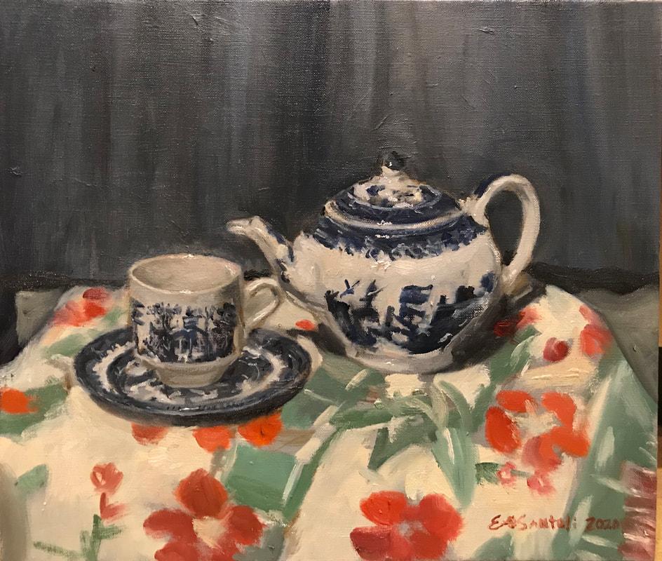 Blue Willow Tea Set, 12 x 14, Oil, Colors, Impressionism, Floral  - Painting by  Eric Santoli