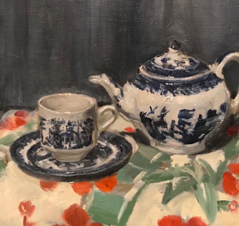 Set da tè Salice blu, 12 x 14, Olio, Colori, Impressionismo, Floreale - Still-Life Painting Nero di  Eric Santoli