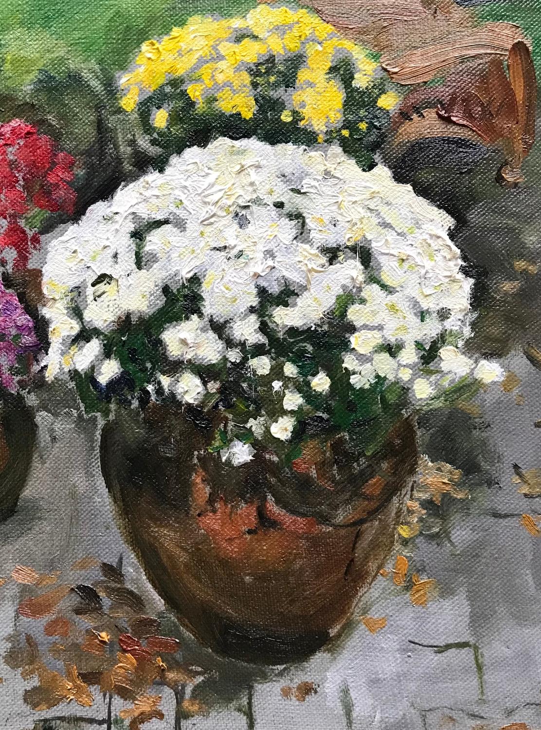  Mums, 12 x 9, Öl, Farben, Schönheit der Natur, Impressionismus, Blumenmuster  – Painting von  Eric Santoli