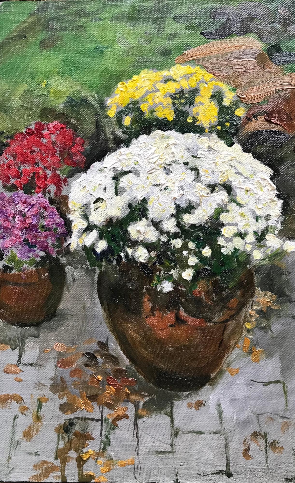  Mums, 12 x 9, huile, couleurs, beauté de la nature, impressionnisme, fleurs  - Impressionnisme abstrait Painting par  Eric Santoli
