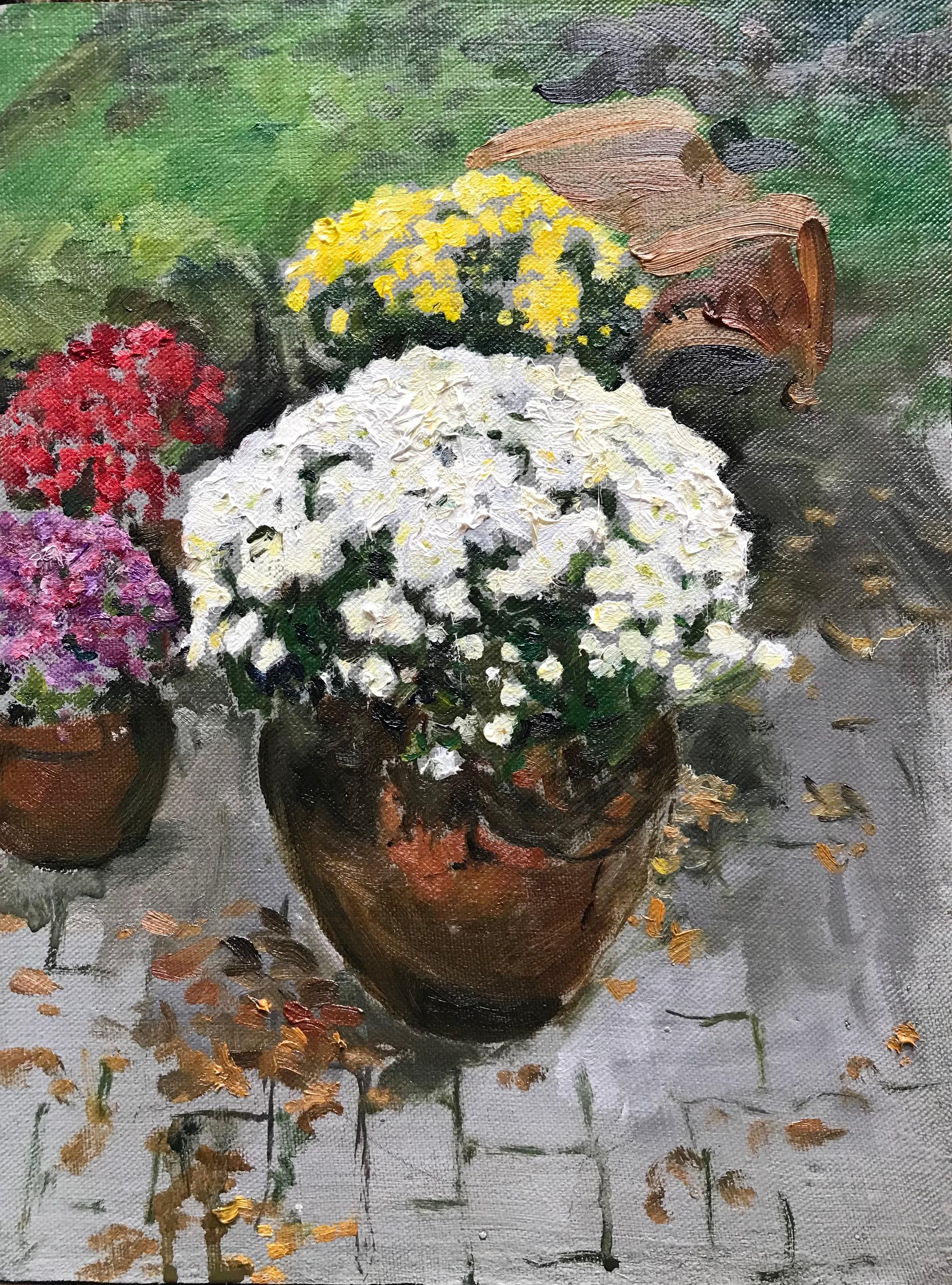  Eric Santoli Still-Life Painting –  Mums, 12 x 9, Öl, Farben, Schönheit der Natur, Impressionismus, Blumenmuster 