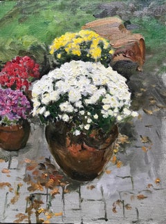  Mums, 12 x 9, huile, couleurs, beauté de la nature, impressionnisme, fleurs 