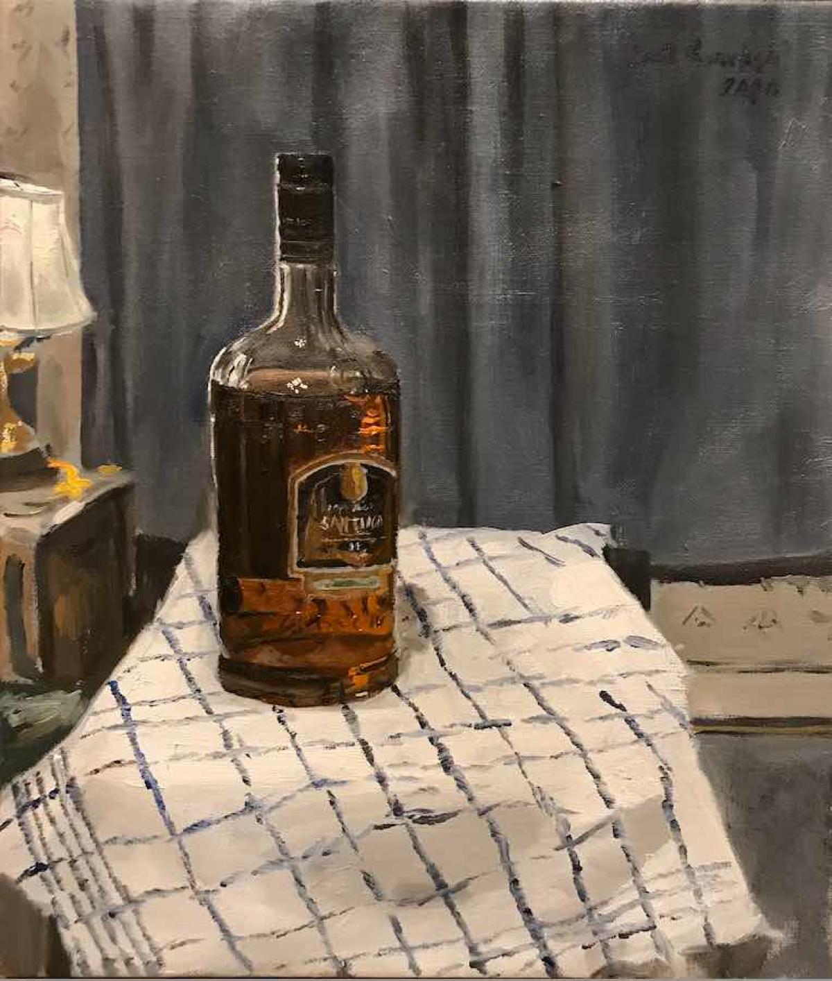 Santiago Rum, 14 x 12, huile, couleurs, vue intérieure, impressionnisme, lumière et ombre - Painting de  Eric Santoli