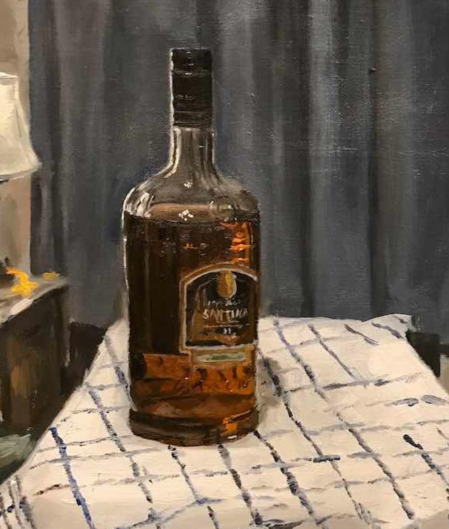 Santiago Rum, 14 x 12, huile, couleurs, vue intérieure, impressionnisme, lumière et ombre - Impressionnisme abstrait Painting par  Eric Santoli