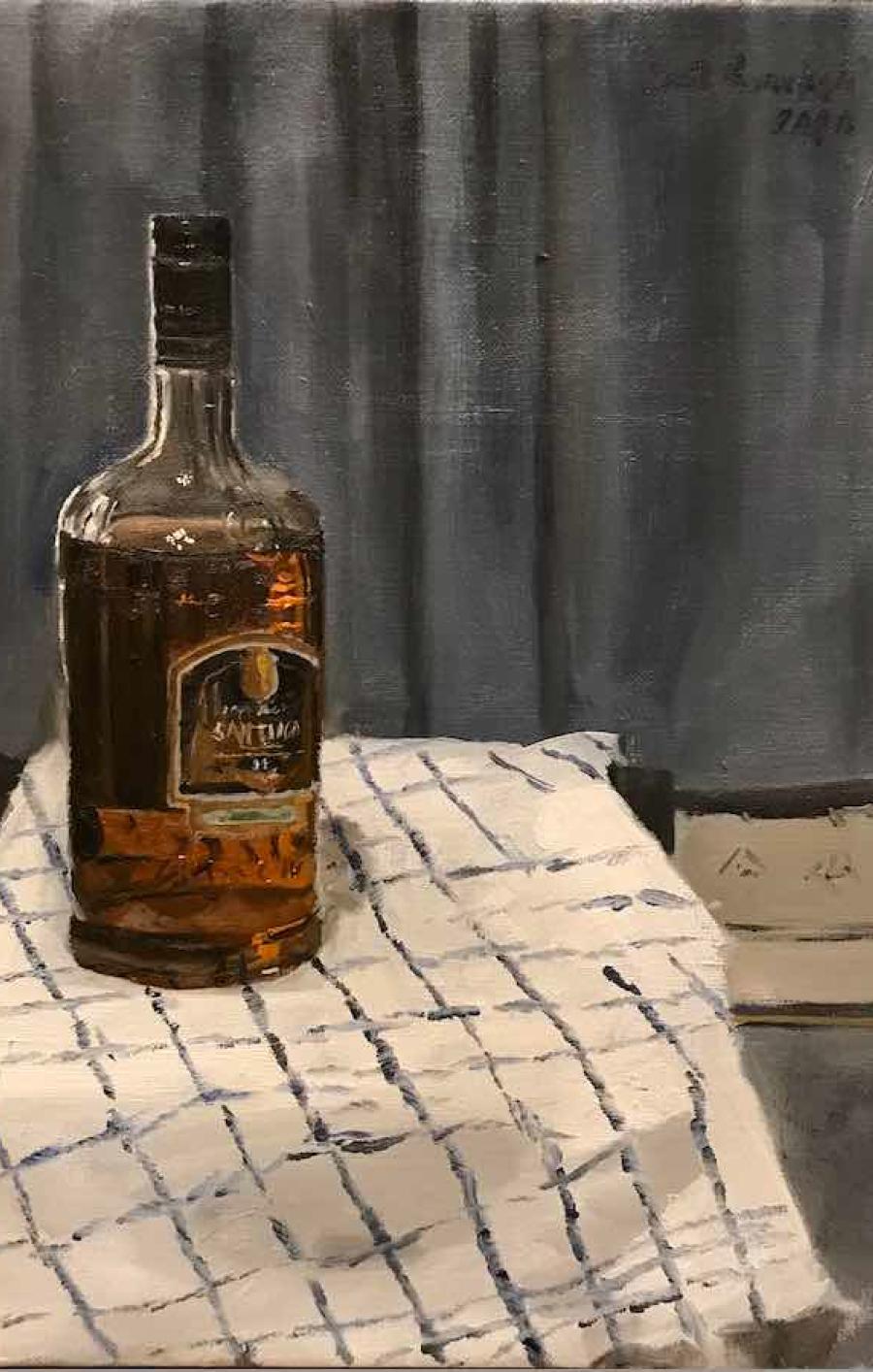 Santiago Rum, 14 x 12, huile, couleurs, vue intérieure, impressionnisme, lumière et ombre - Noir Still-Life Painting par  Eric Santoli