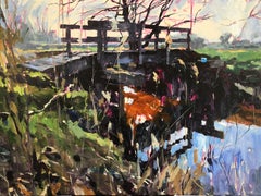 Puente- Pintura paisajista contemporánea del siglo XXI de un pequeño puente