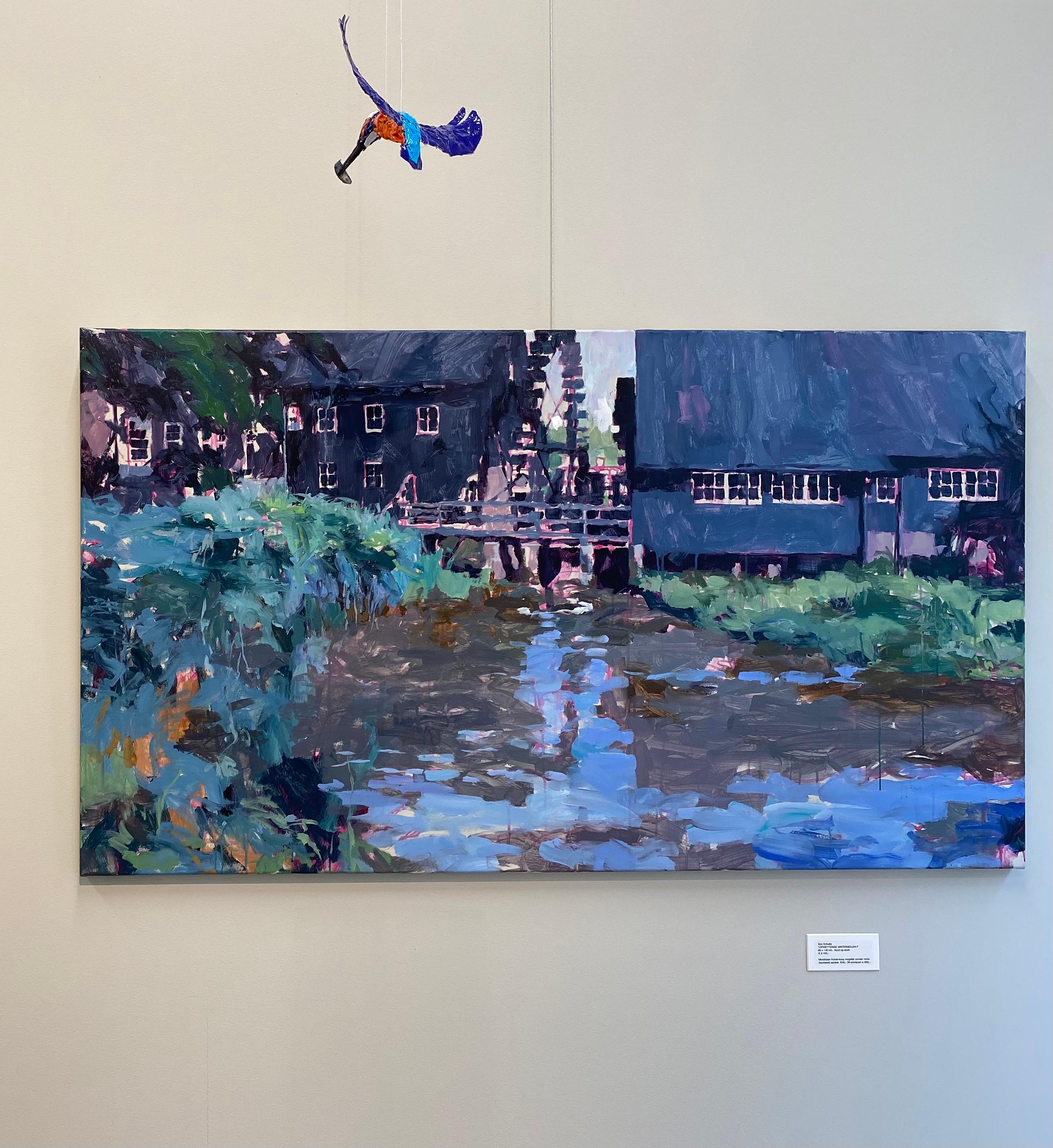 Collse Watermolen  (Watermill) - Pintura paisajística contemporánea del siglo XXI - Landscape Painting Gris de Eric Schutte