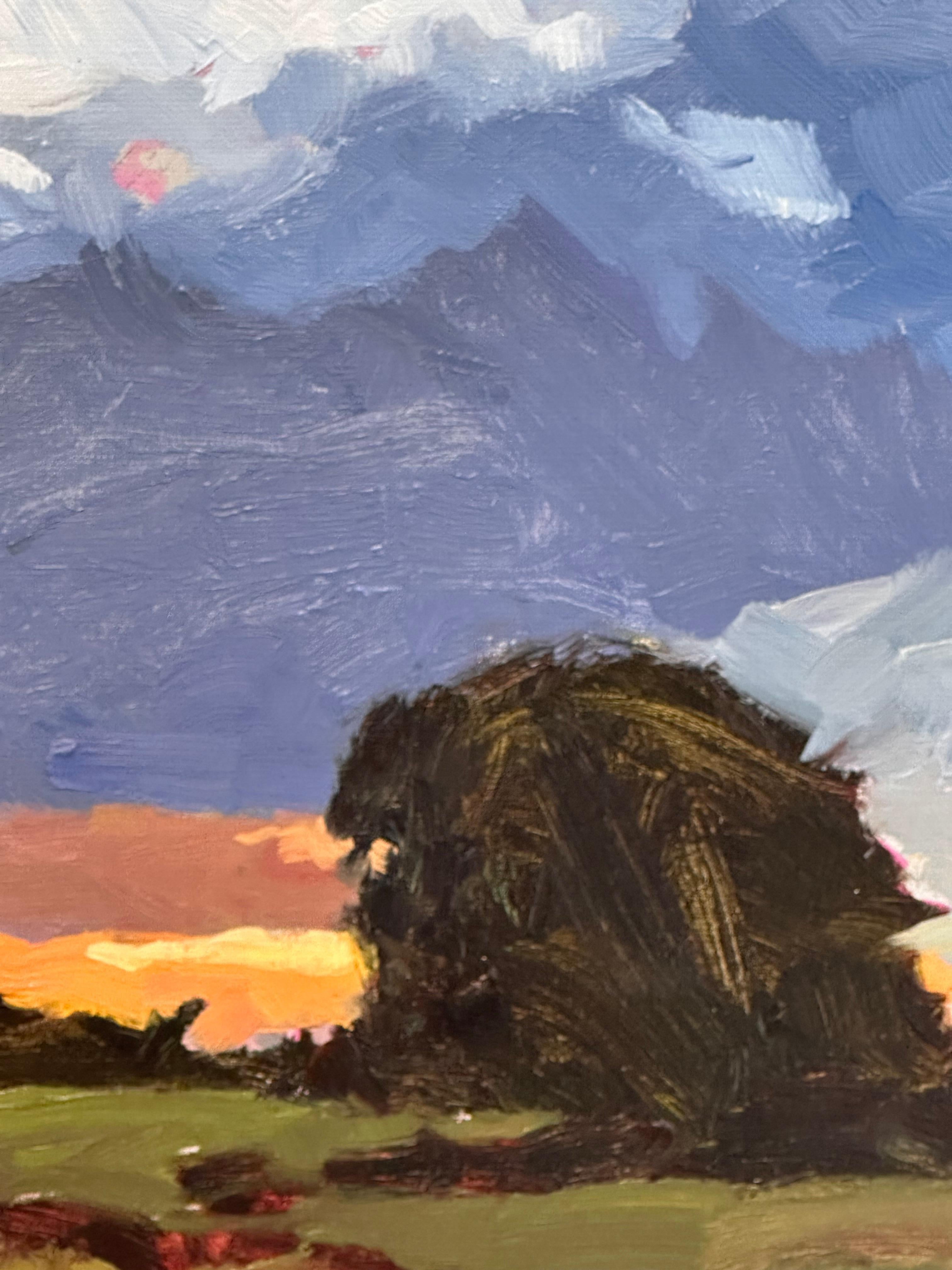 Abendrot - Zeitgenössisches holländisches Sonnenuntergang-Heide-Landschaftsgemälde des 21. (Grau), Landscape Painting, von Eric Schutte