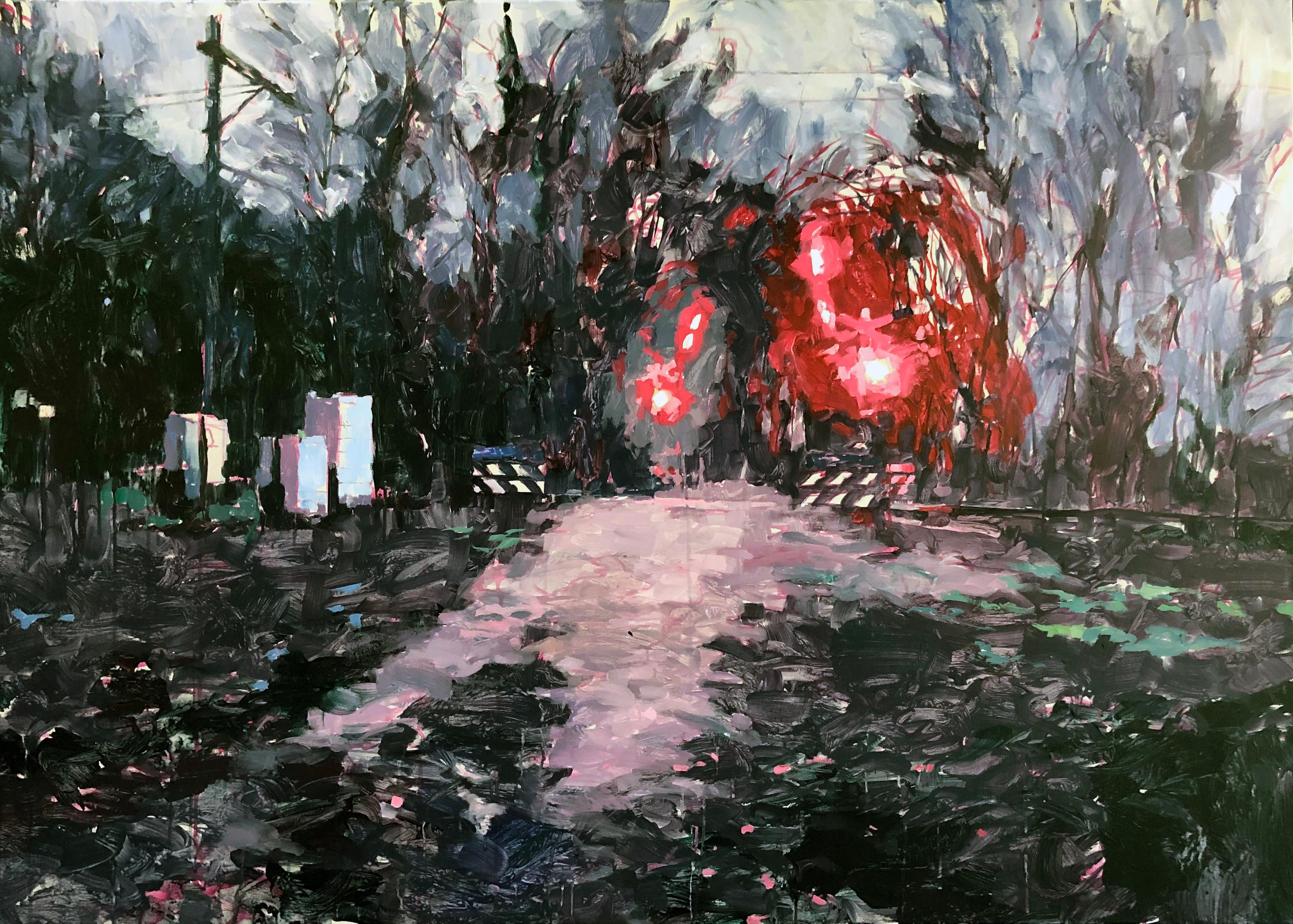 Figurative Painting di Eric Schutte - Attraversamento ferroviario  - Pittura contemporanea del 21° secolo con paesaggi colorati