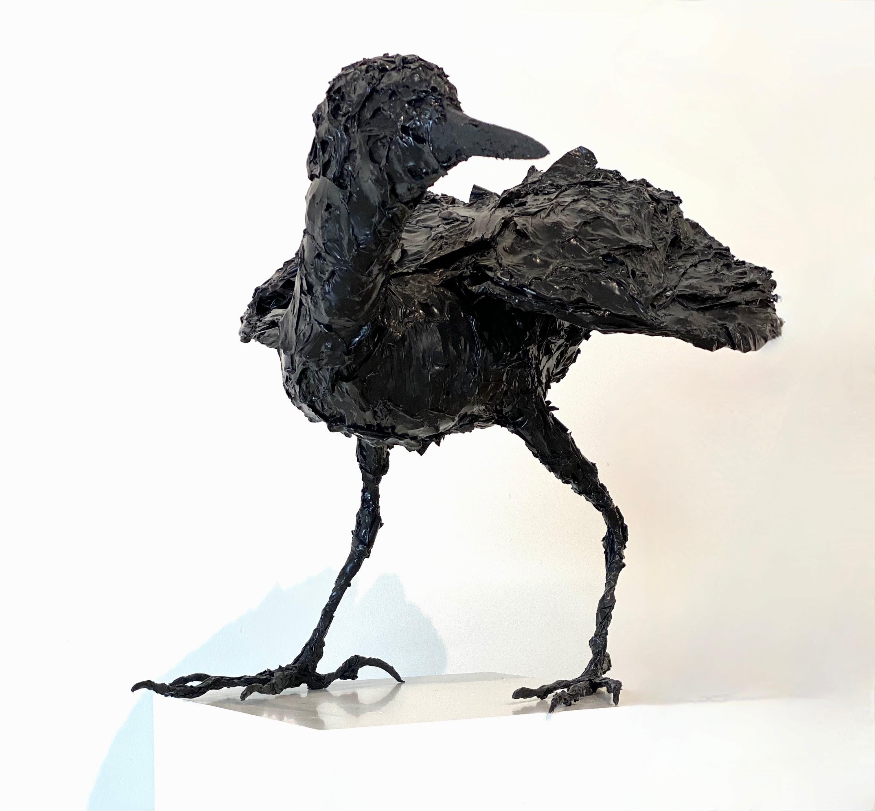 Eric Schutte Figurative Sculpture - Bittern- 21st Century Sculpture of a Bird made out of recycled Black Plastics