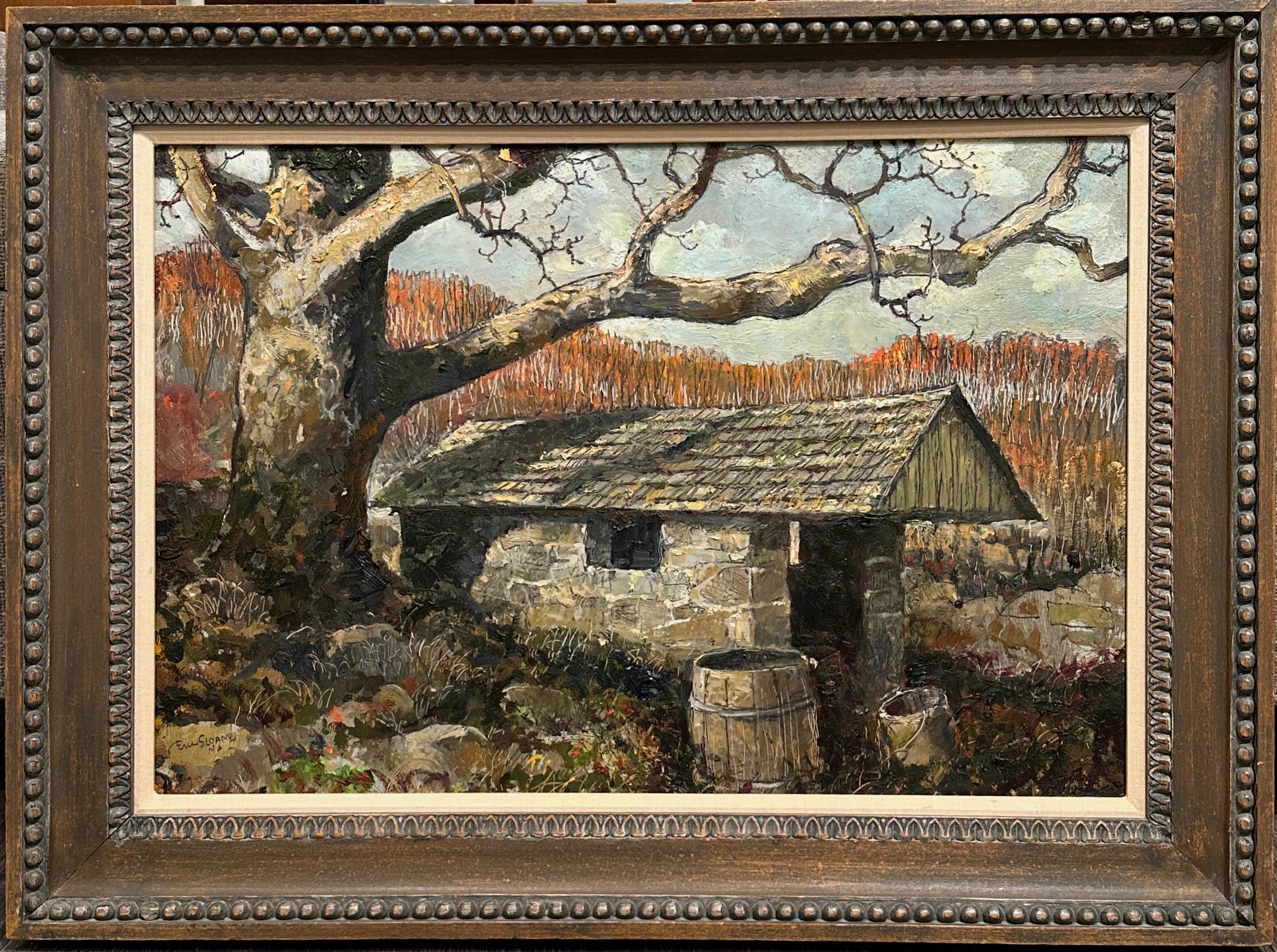 Eric Sloane Öl auf Karton - Herbstlandschaft mit Scheune und Baum im Angebot 1