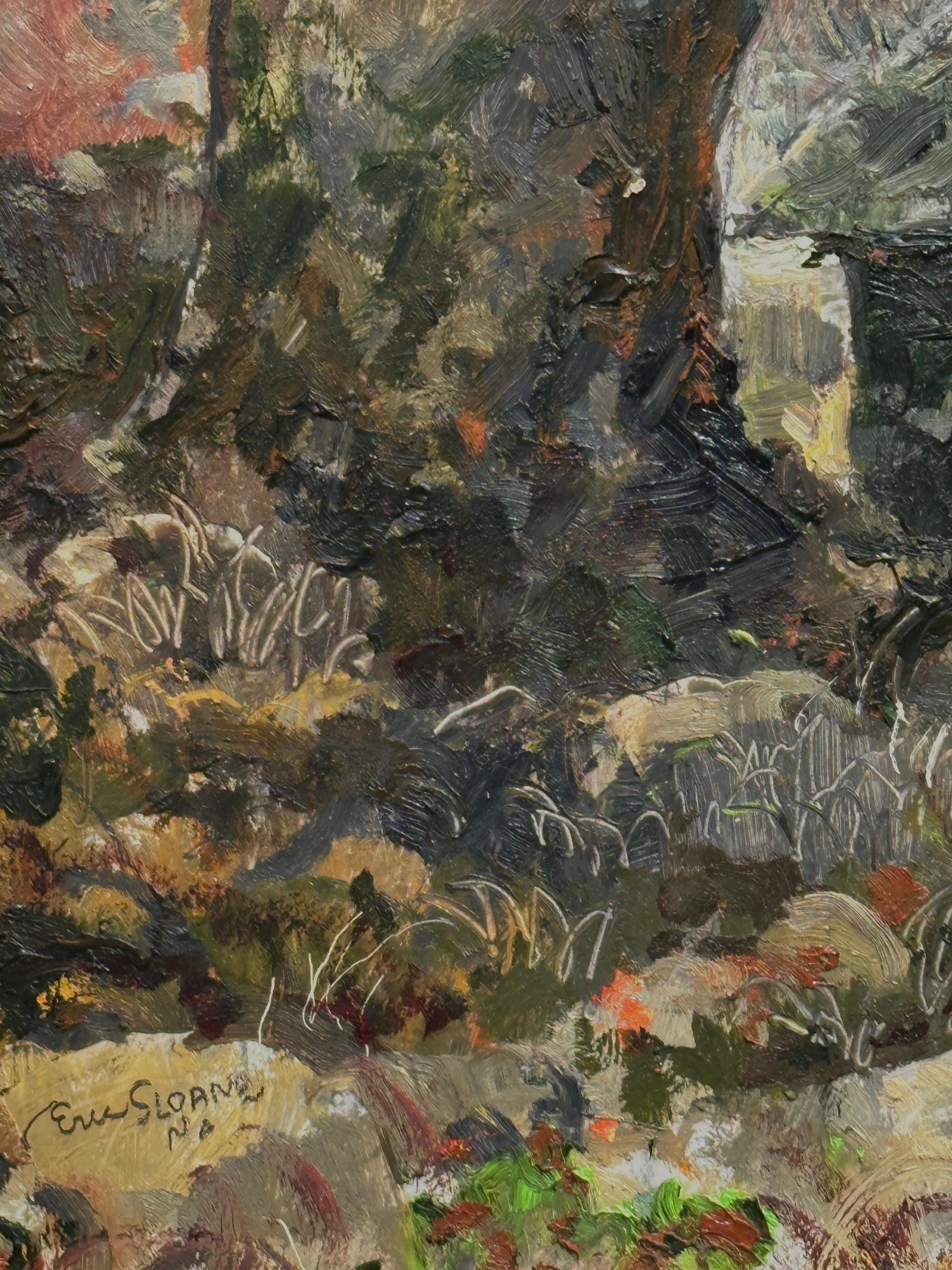 Eric Sloane Öl auf Karton - Herbstlandschaft mit Scheune und Baum im Angebot 2