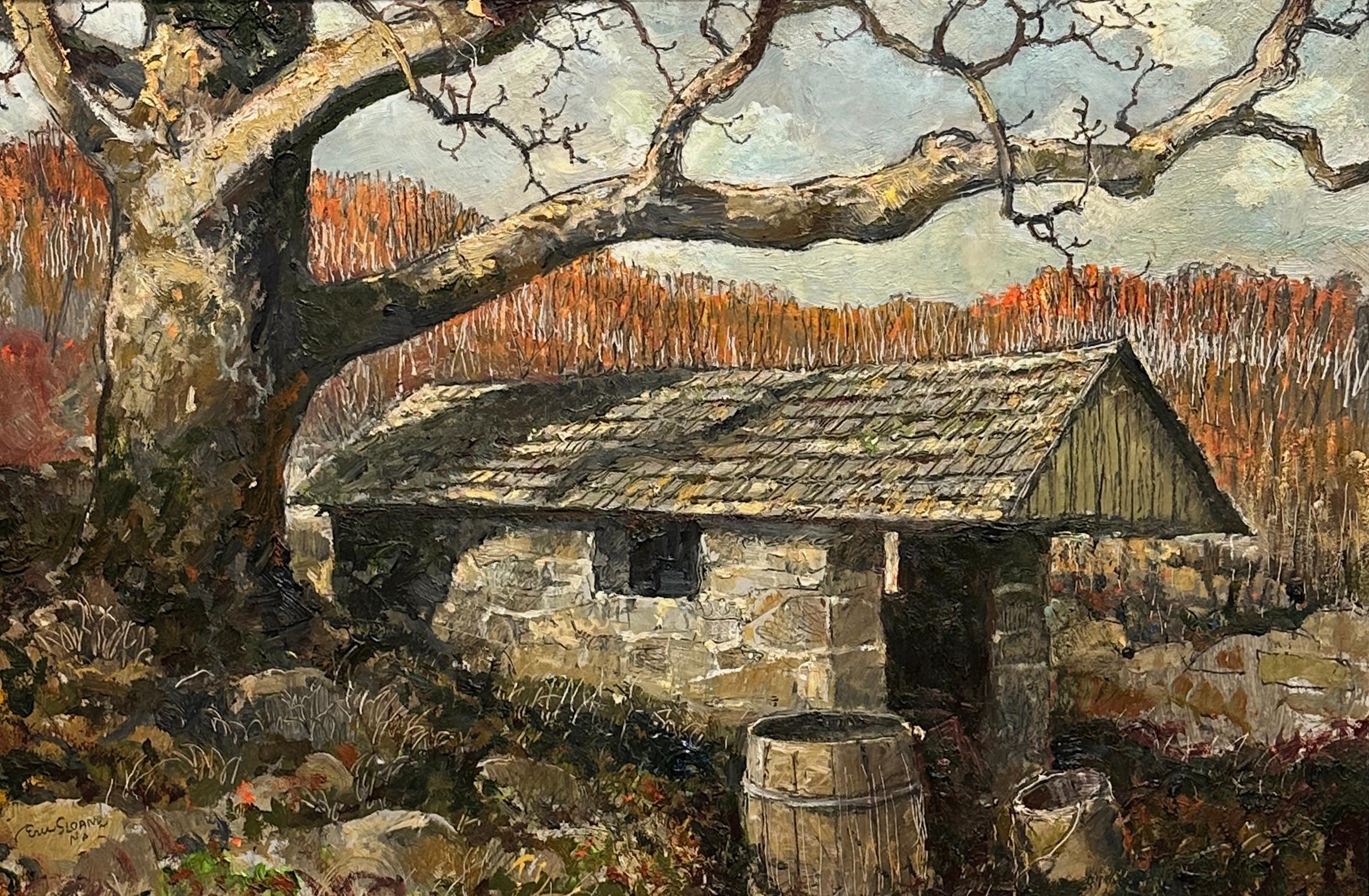 "Cold Shed" by Eric Sloane, Oil on Board – Autumn Landscape with Barn and Tree