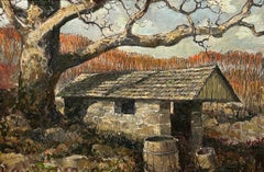 Eric Sloane Öl auf Karton - Herbstlandschaft mit Scheune und Baum