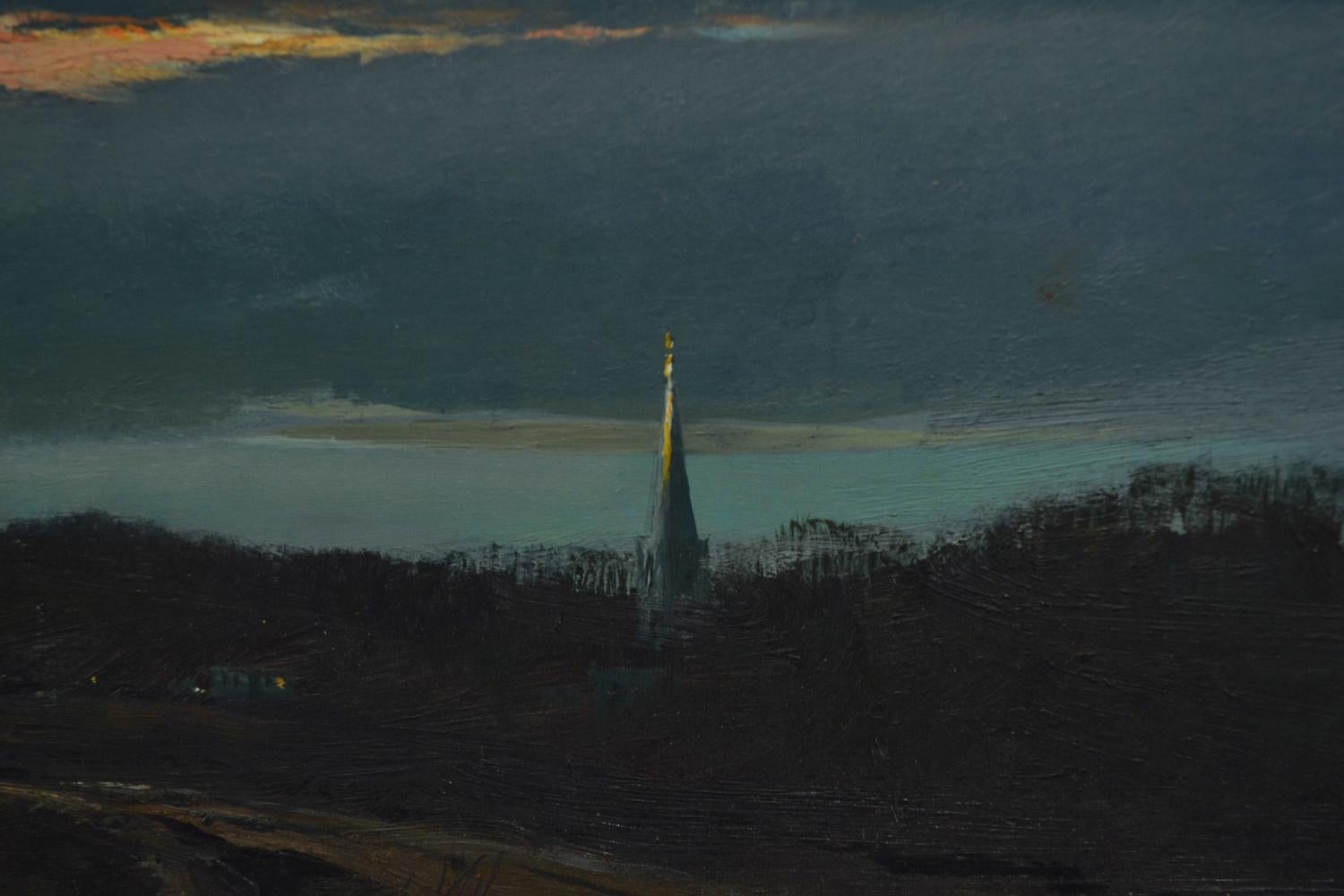 An evening piece depicting the hours following sunset, where the crest of the sun’s light still shines on the edges of clouds.  Orange peach and yellow highlight the edges of the dark blue cloud dotted sky, while a small road leads to a barn which